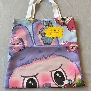 B20,NWOT Canvas Labubu Character Tote Bag–Open-Top Double-Sided Design